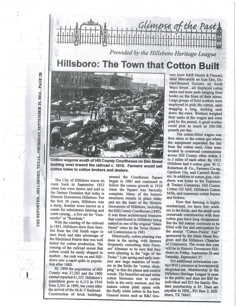 Glimpse of the Past The Town that Cotton Built Hillsboro Heritage League
